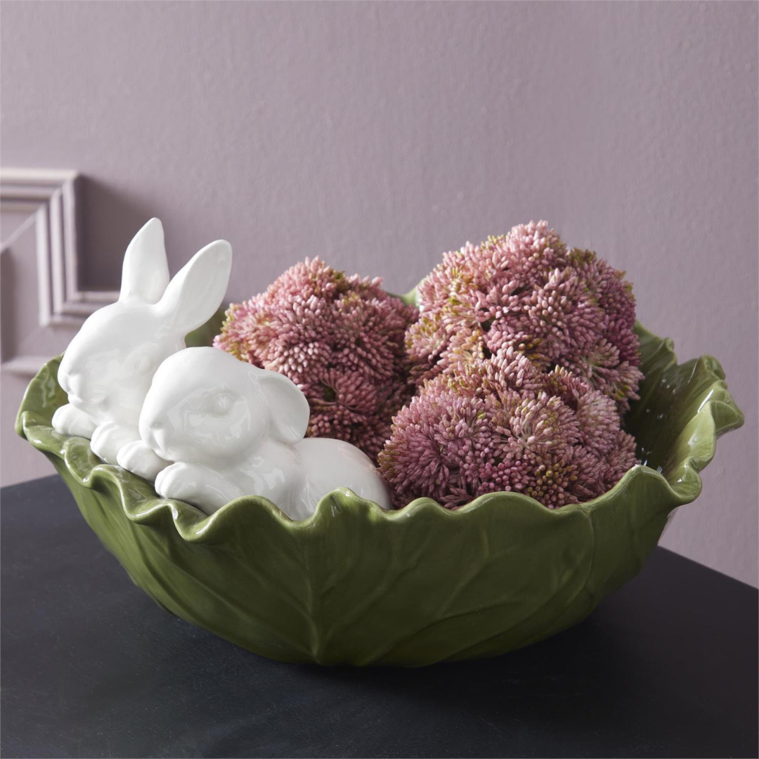 12 Inch White & Green Dolomite Cabbage Bowl with Rabbit