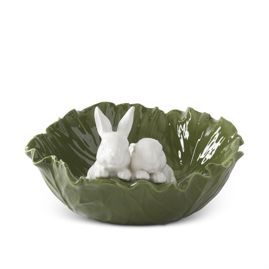 12 Inch White & Green Dolomite Cabbage Bowl with Rabbit