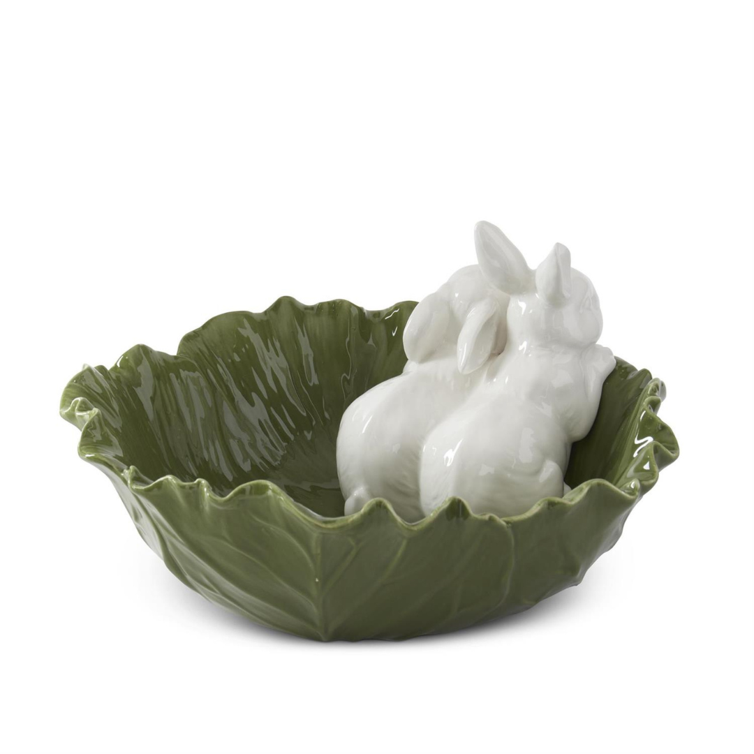 12 Inch White & Green Dolomite Cabbage Bowl with Rabbit