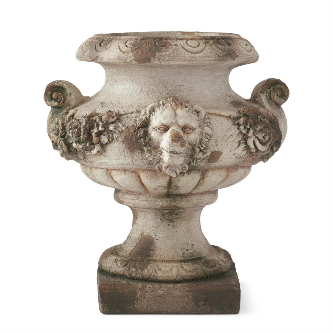 18.5 Inch Weathered Cream & Taupe Lion & Floral Embossed Urn