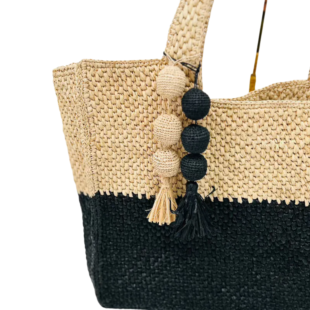 Soleil Black and Hay Raffia Bag