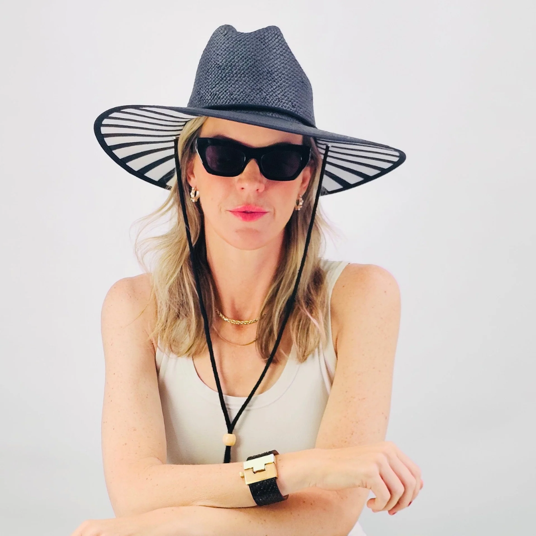 Black Sun Hat with Black and White Stripes