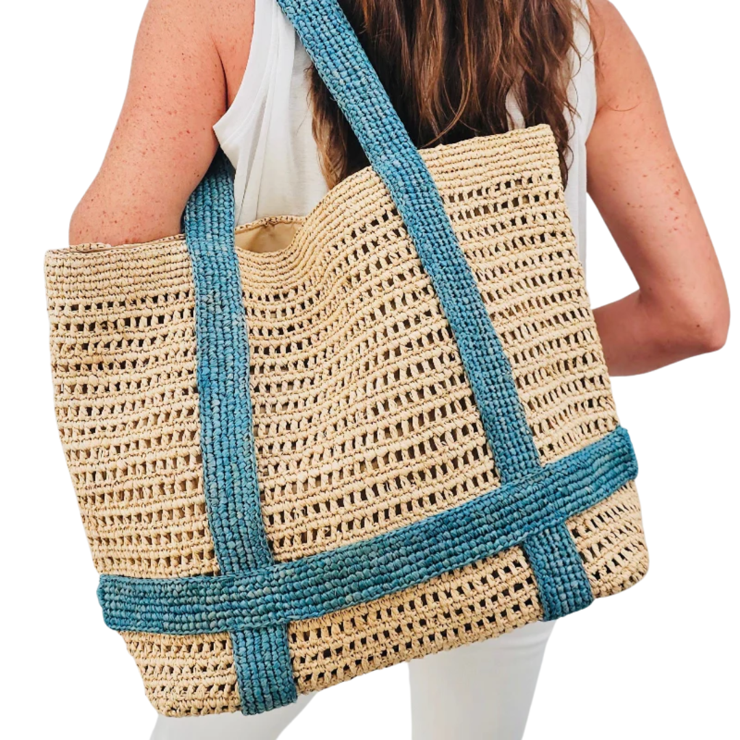 Indie French Blue and Hay Raffia Bag