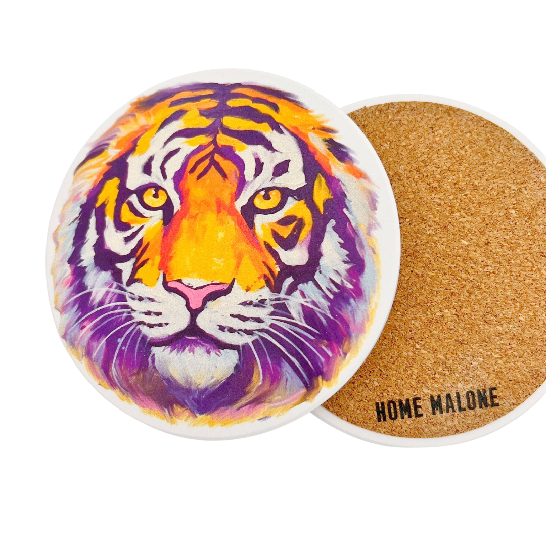 Purple and Gold Tiger Head Coaster - Set of 2