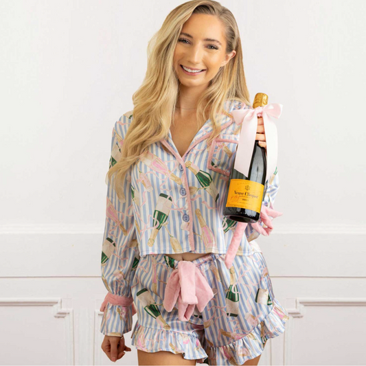 Champagne Stripe Satin Ruffle Short PJ Set