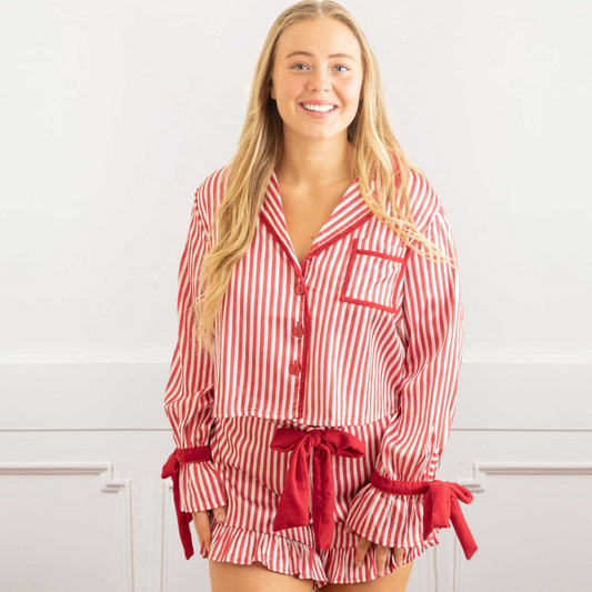 Red Stripe Satin Ruffle Short PJ Set