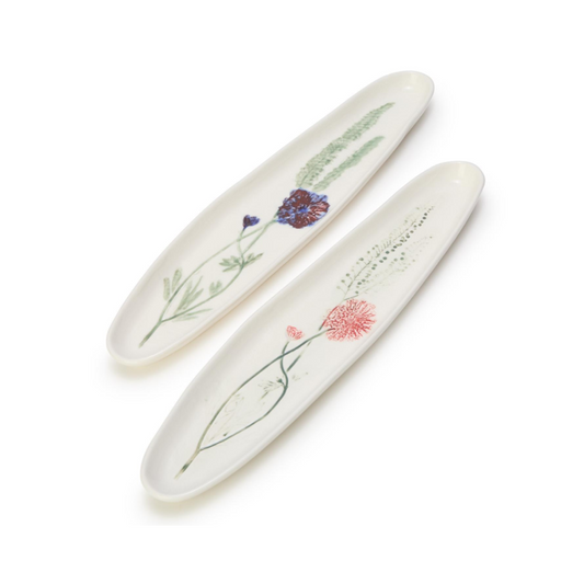 Artisanal Long Tidbit Plate with Imprinted Botanical Design