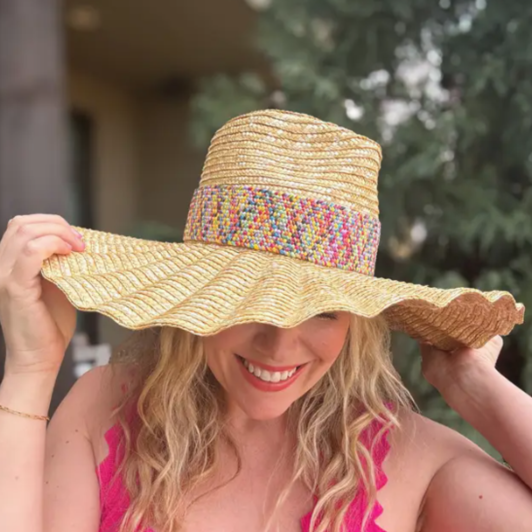 Wide-Brimmed Raffia Hat - Colorful Band