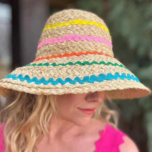 Raffia Bucket Hat - Colorful Ric Rac Ribbon Trim