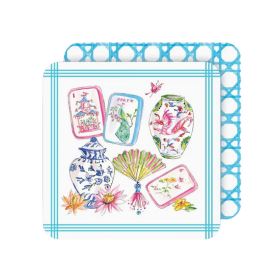 Mahjong Icons Pots Fan Tiles and Flowers Square Coaster