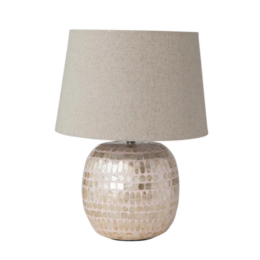 Capiz Table Lamp with Linen Shade & Inline Switch, Pink & Natural