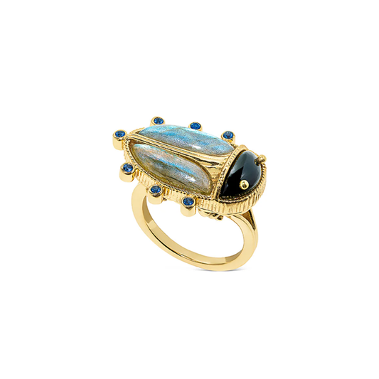 Scarab Ring - Blue Labradorite/Black Agate