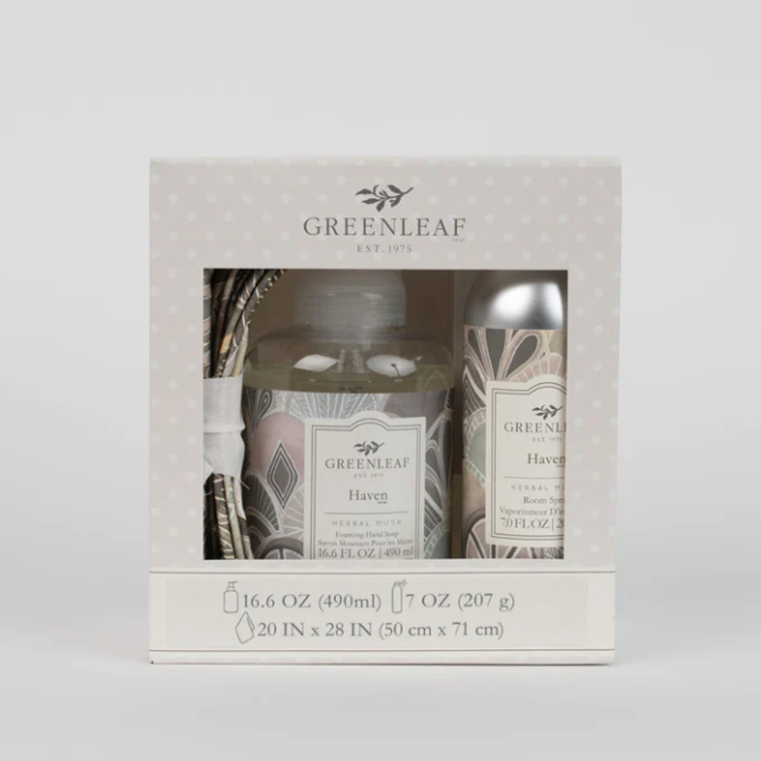 Haven Foaming Hand Soap, Non-Aerosol Room Spray, and Tea Towel Gift Set