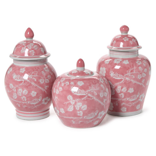 Hand-Painted Pink Chinoiserie Covered Jars