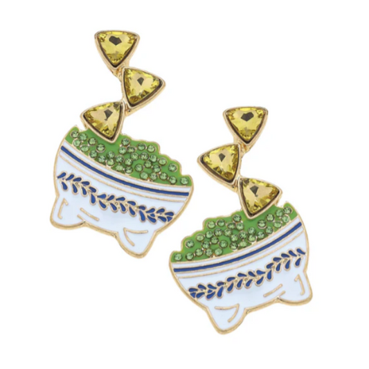 Rhinestone Enamel Chips & Guac Earrings in Green & White