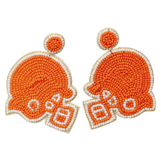 Football Helmet Beaded Earrings Orange/White 2"