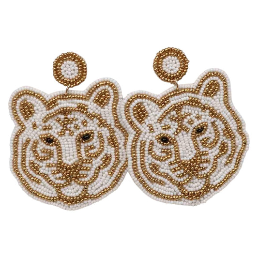 Tiger Face Beaded Earrings White/Gold 2"