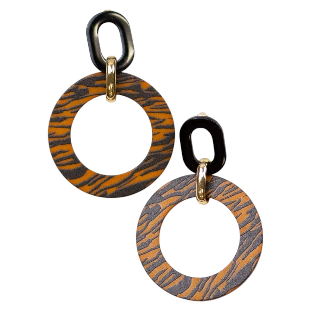 Tiger Stripe Acetate Earrings Black/Camel 2.5"