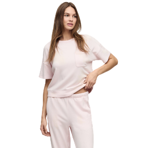 Brushed Fleece Short Sleeve Dropped Shoulder Pullover- Pink Sand