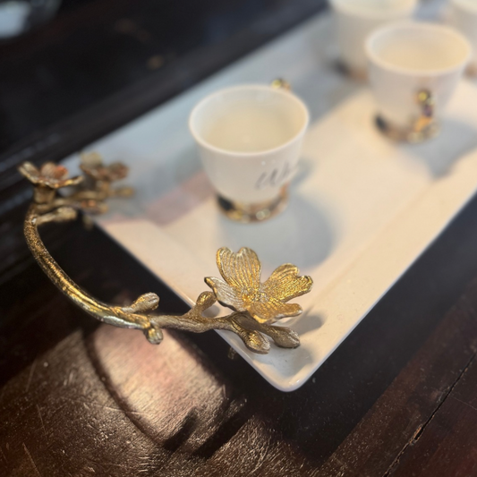 White Ceramic Rectangular Tray w/ Gold Metal Floral Handles