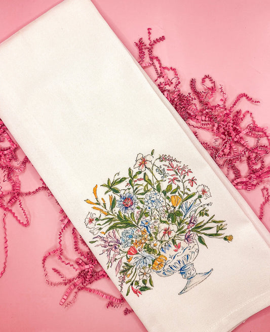 Blue Floral Arrangement Tea Towel