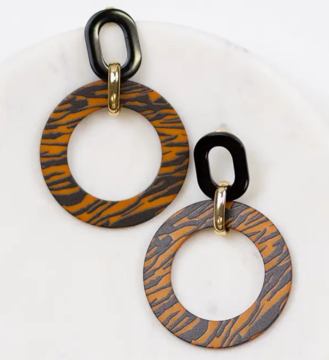 Tiger Stripe Acetate Earrings Black/Camel 2.5"