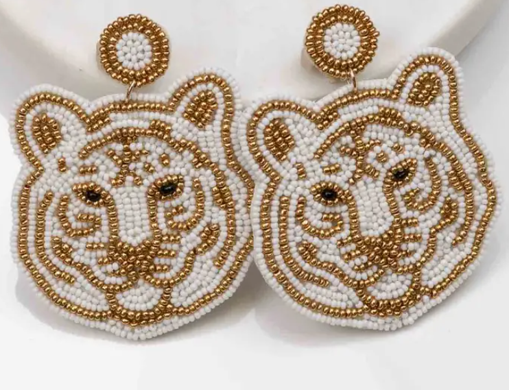 Tiger Face Beaded Earrings White/Gold 2"