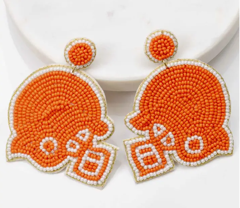 Football Helmet Beaded Earrings Orange/White 2"