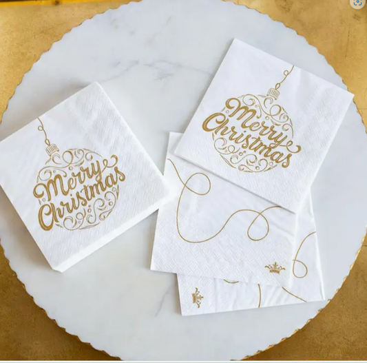 Merry Christmas Ornament Script Cocktail Napkins White/Gold