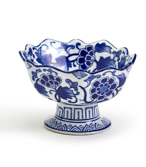 Blue and White Scalloped Edge Hand-Painted Footed Bowl