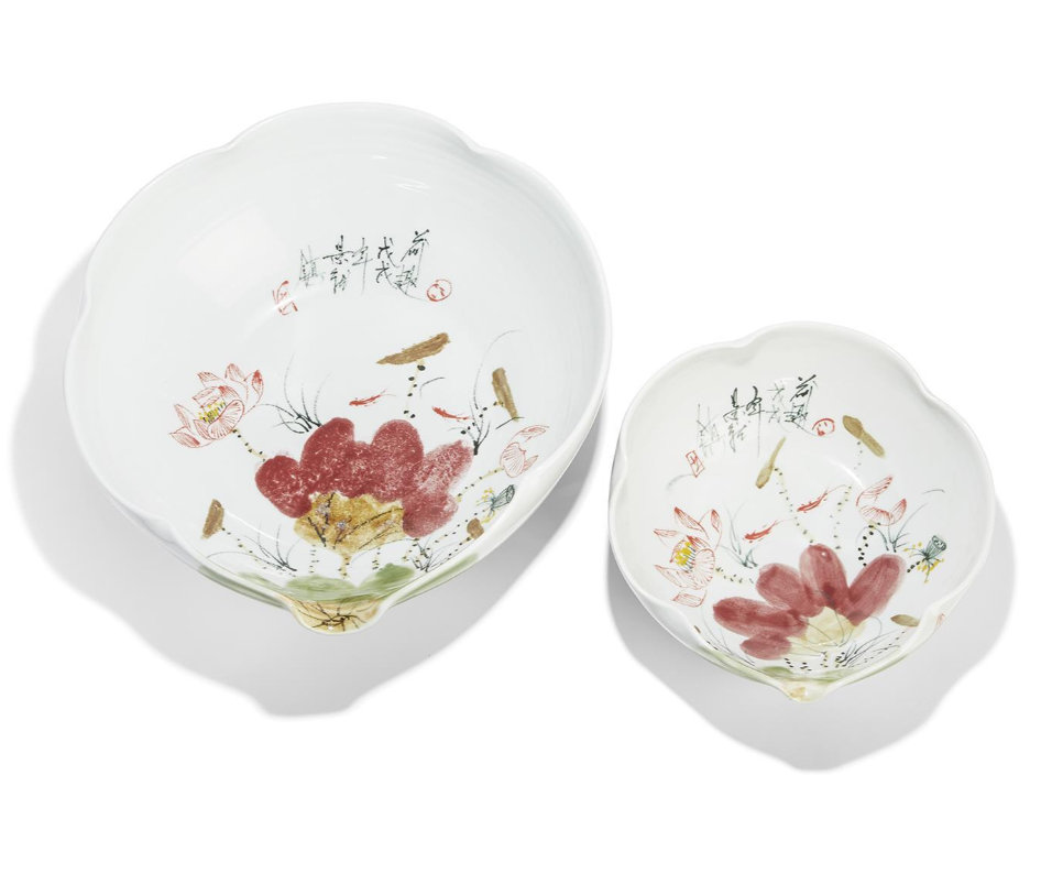 Japanese Flower Blossoms Set of 2 Free Form Bowls (food safe) - Hand-Painted Porcelain