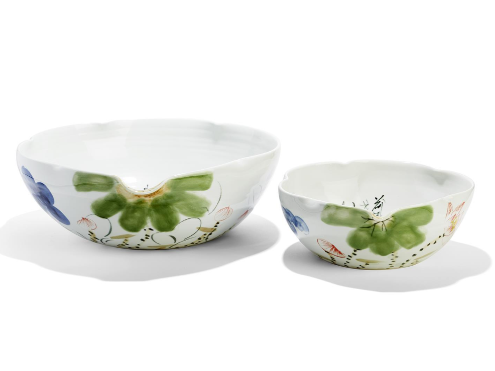 Japanese Flower Blossoms Set of 2 Free Form Bowls (food safe) - Hand-Painted Porcelain