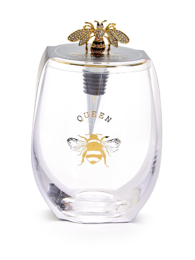 Queen Bee Stemless Wine Glass with Jeweled Bee Wine Stopper