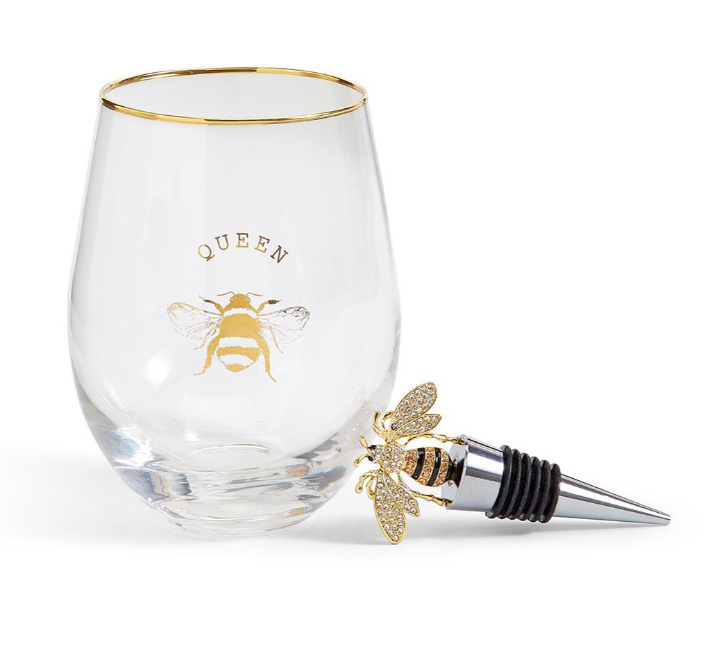 Queen Bee Stemless Wine Glass with Jeweled Bee Wine Stopper