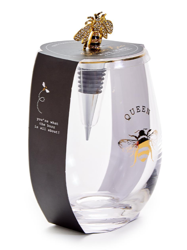 Queen Bee Stemless Wine Glass with Jeweled Bee Wine Stopper