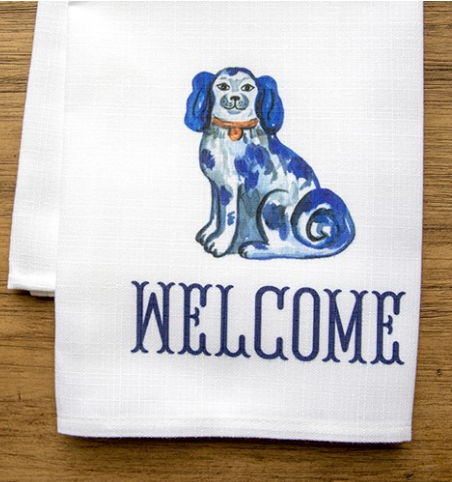 Blue and White Dog Welcome Tea Towel