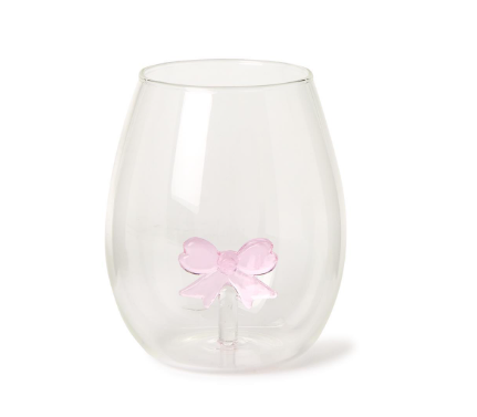 Pink Bow Stemless Wine Glass