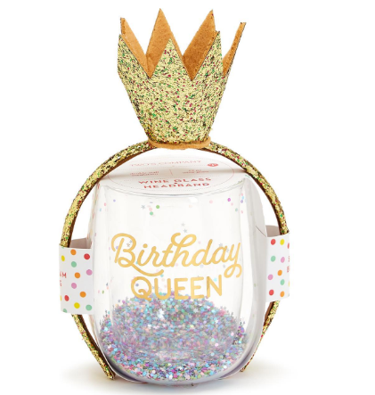 Birthday Queen Double Wall Glitter Stemless Wine Glass and Glitter Crown Headband