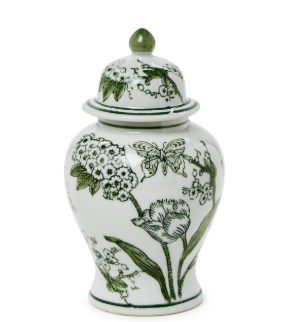 Primorose and Lotus 8" Hand-Painted Green and White Chinoiserie Jar with Lid