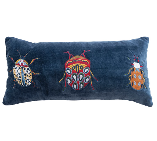 Cotton Velvet Embroidered Lumbar Pillow w/ Beetles & Chambray Back, Multi Color