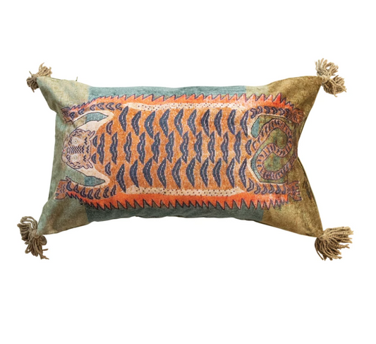 24"L x 14"H Cotton Velvet Printed Tiger Lumbar Pillow