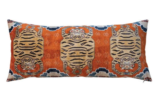 32"L x 14"H Cotton Velvet Printed Tigers Lumbar Pillow