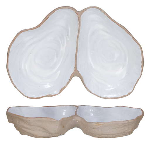 Stoneware Oyster Shell Shaped Dish w/ 2 Sections