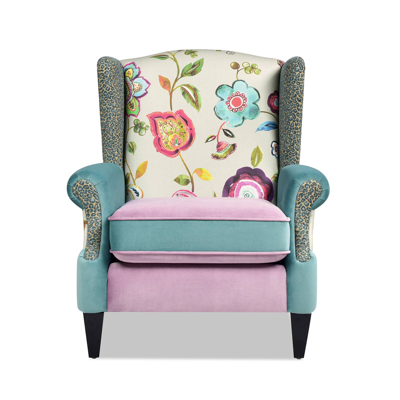 Eclectic Floral Patchwork Boho Wingback Accent Arm Chair