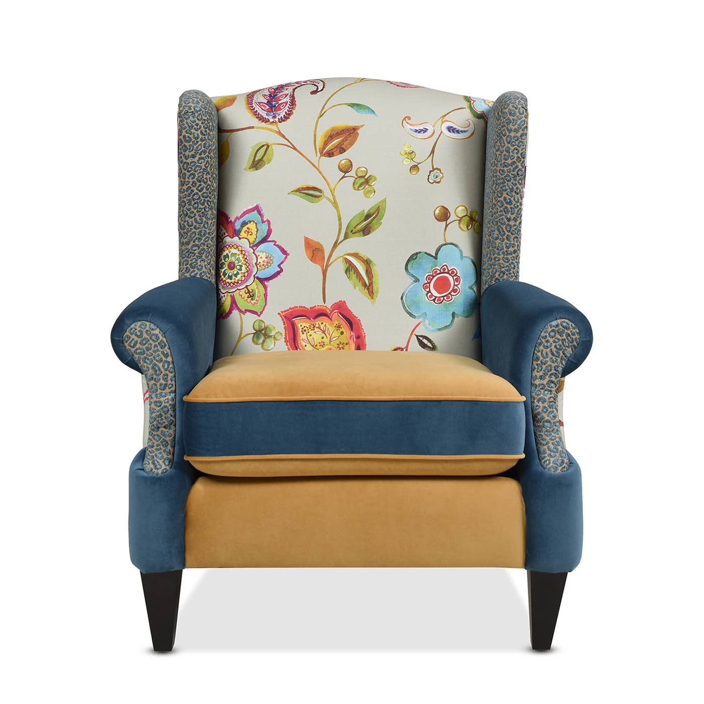Eclectic Floral Patchwork Boho Wingback Accent Arm Chair