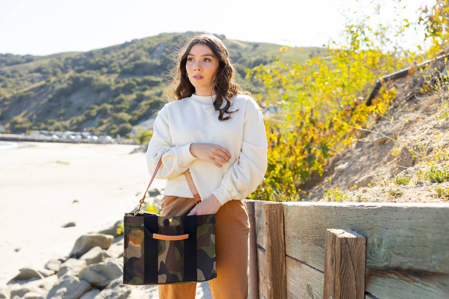 "Kylie" Camo Nylon Tote with Leather Accents