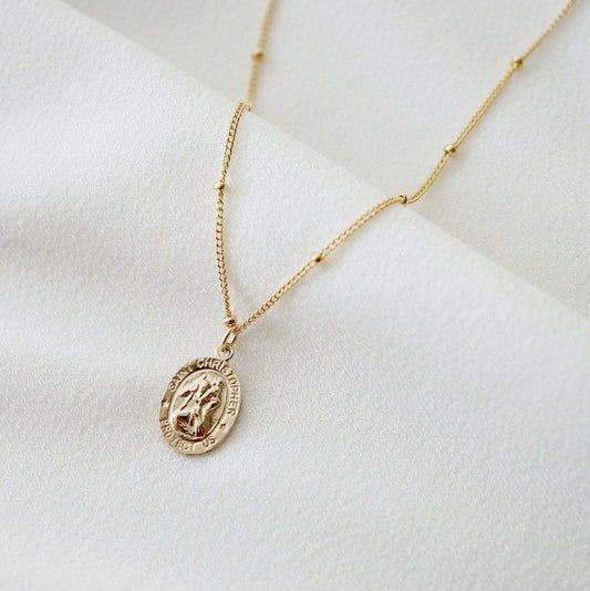 St. Christopher Traveler's Protection Gold Coin Necklace: 14K Gold Fill / 16" Satellite Chain