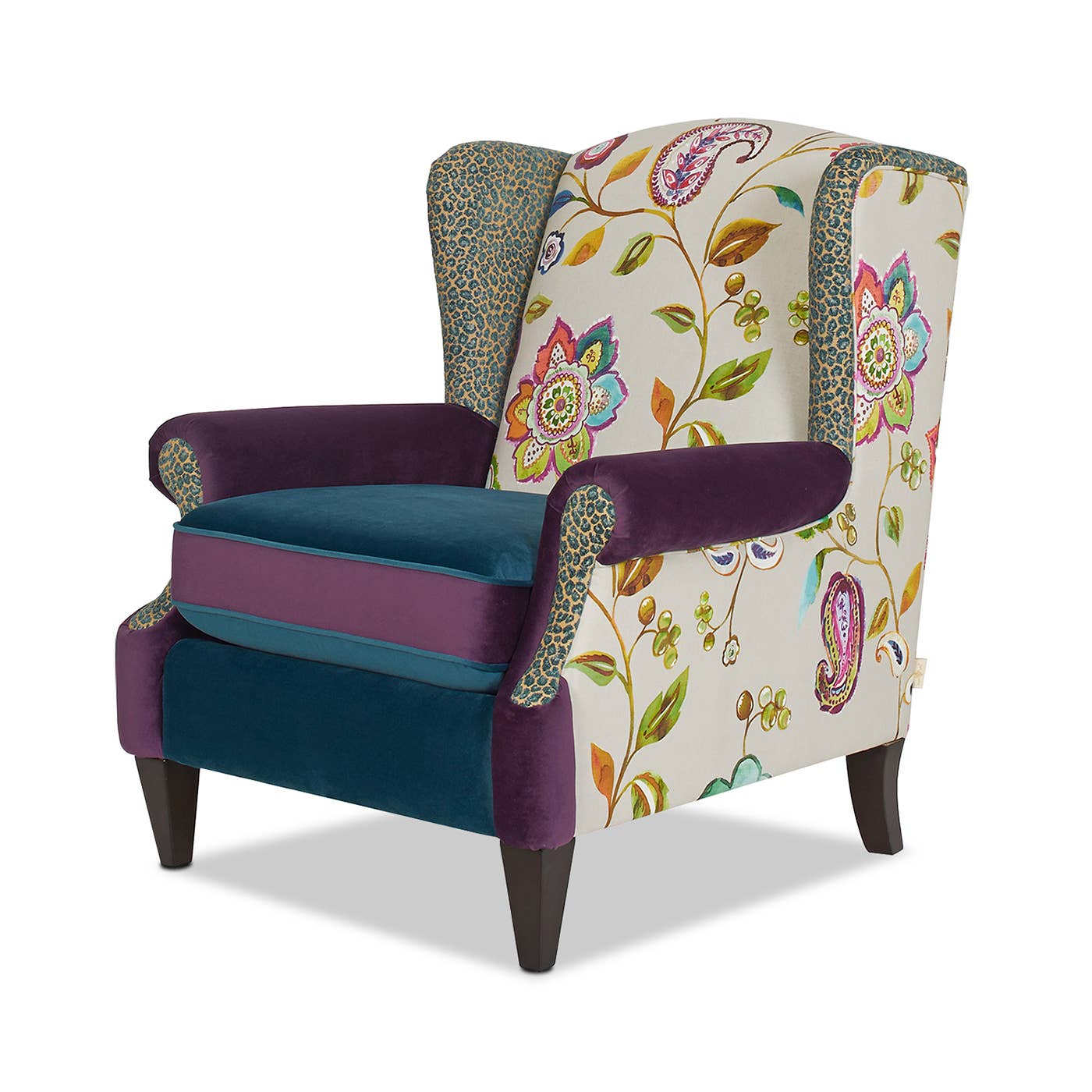 Eclectic Floral Patchwork Boho Wingback Accent Arm Chair