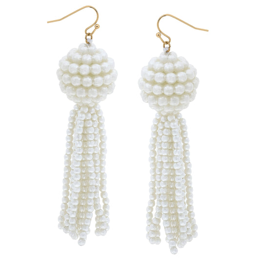 Edie Pearl Beaded Tassel Drop Earrings in Ivory