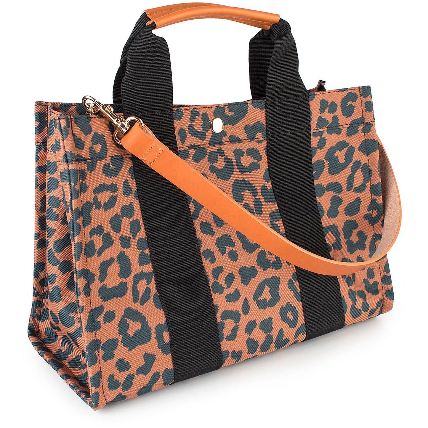 "Kylie" Leopard Nylon Tote with Leather Accents